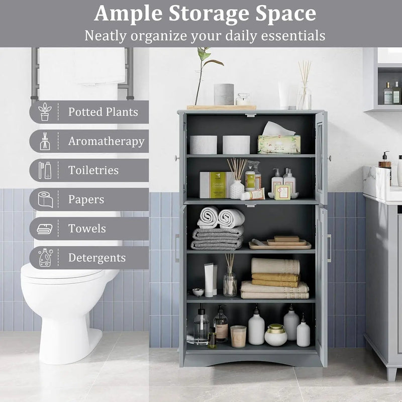 Grey Bathroom Towel Linen Cabinet with Glass Doors and Storage Shelves by HomePacific