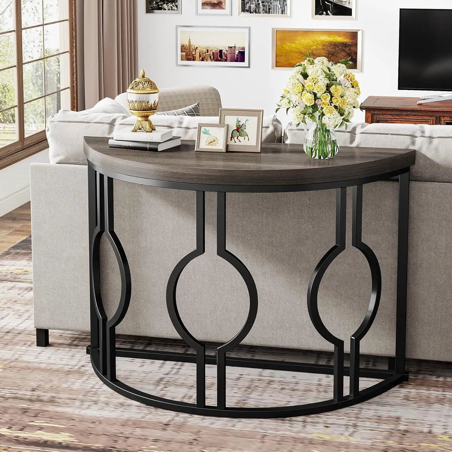 Modern 43-inch Half Moon Accent Sofa Table with Grey Wood Top Black Frame by HomePacific