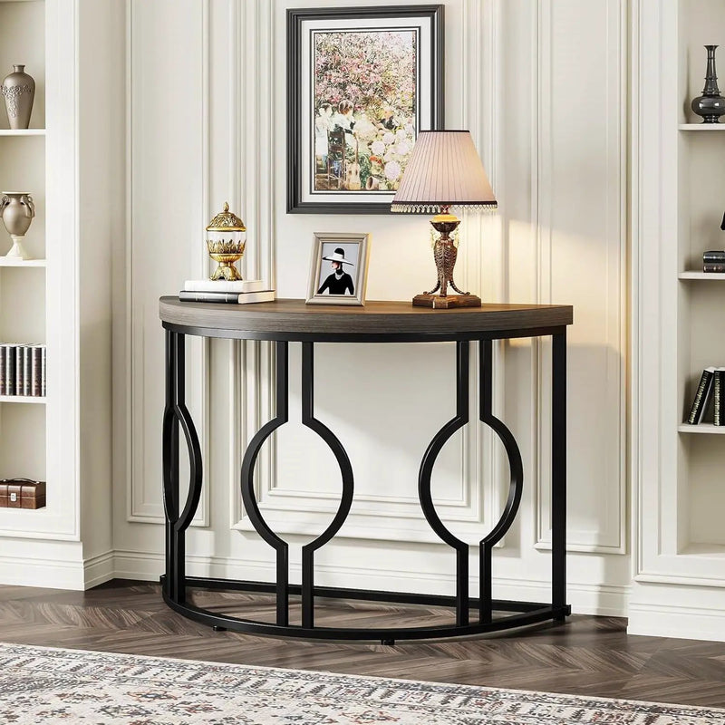 Modern 43-inch Half Moon Accent Sofa Table with Grey Wood Top Black Frame by HomePacific