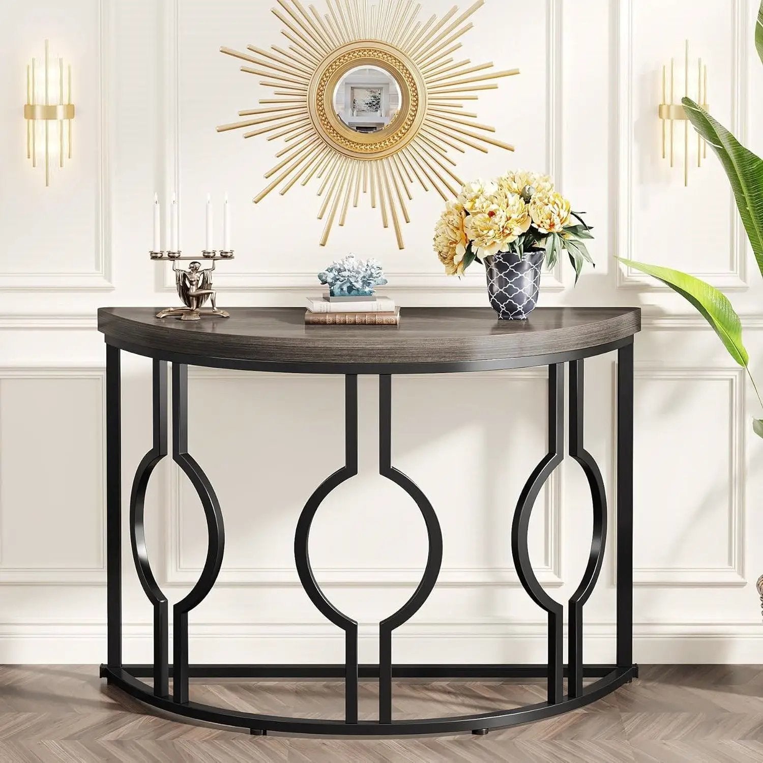 Modern 43-inch Half Moon Accent Sofa Table with Grey Wood Top Black Frame by HomePacific