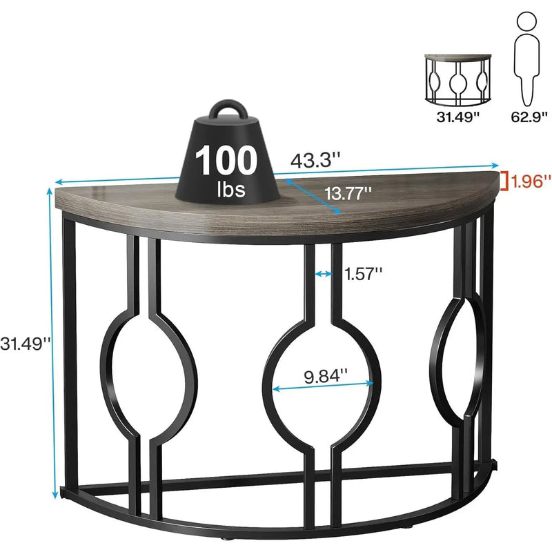 Modern 43-inch Half Moon Accent Sofa Table with Grey Wood Top Black Frame by HomePacific