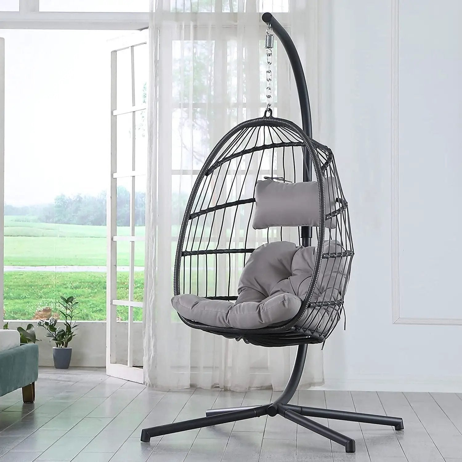 Grey Indoor/Outdoor Wicker Rattan Aluminum Frame Swing Egg Chair Hammock by HomePacific