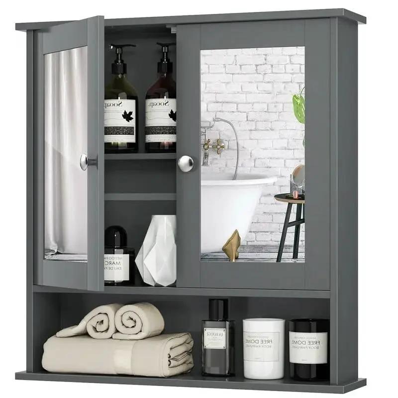 Grey Wood Bathroom Wall / Medicine Cabinet with Mirrored Doors and Shelf by HomePacific