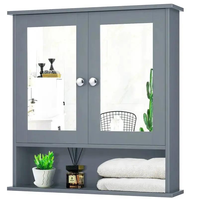 Grey Wood Bathroom Wall / Medicine Cabinet with Mirrored Doors and Shelf by HomePacific