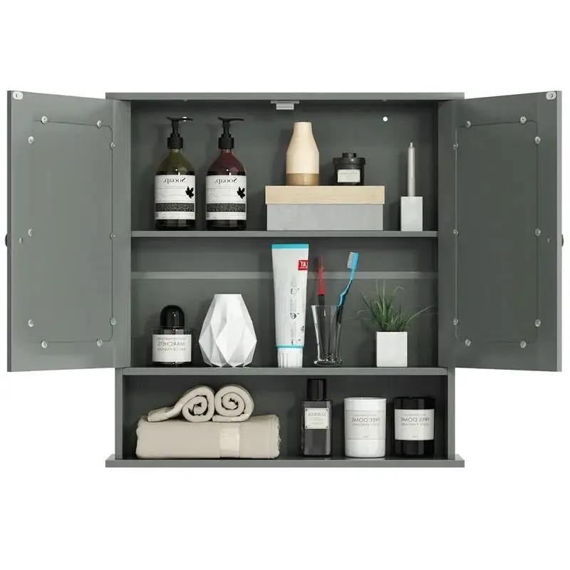 Grey Wood Bathroom Wall / Medicine Cabinet with Mirrored Doors and Shelf by HomePacific