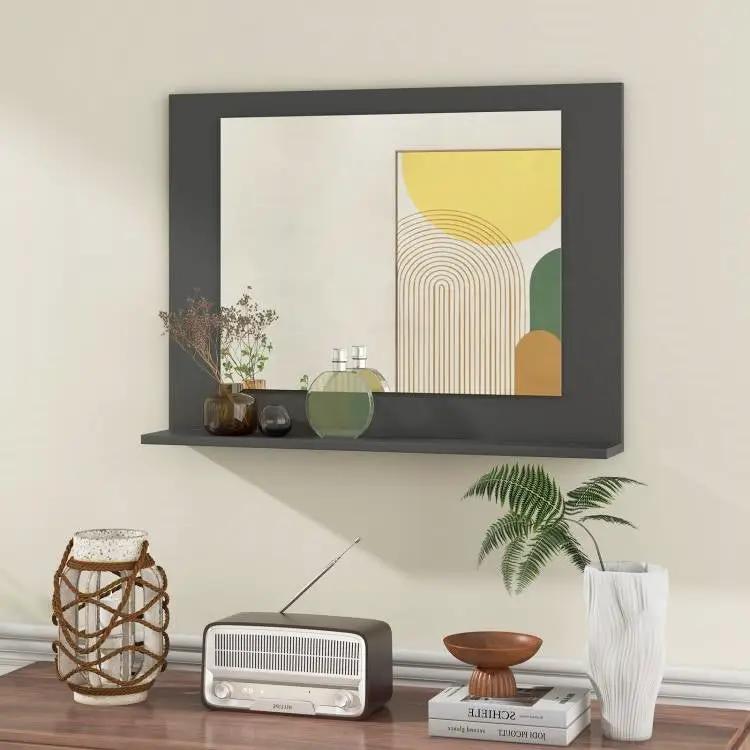 Rectangular 23 x 17 inch Bathroom Mirror with Storage Shelf in Grey Wood Finish by HomePacific