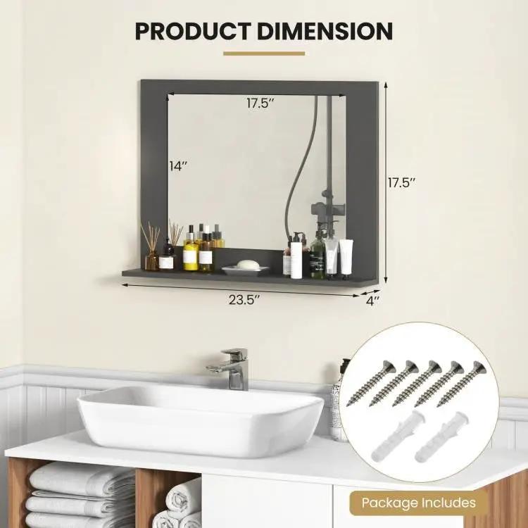 Rectangular 23 x 17 inch Bathroom Mirror with Storage Shelf in Grey Wood Finish by HomePacific