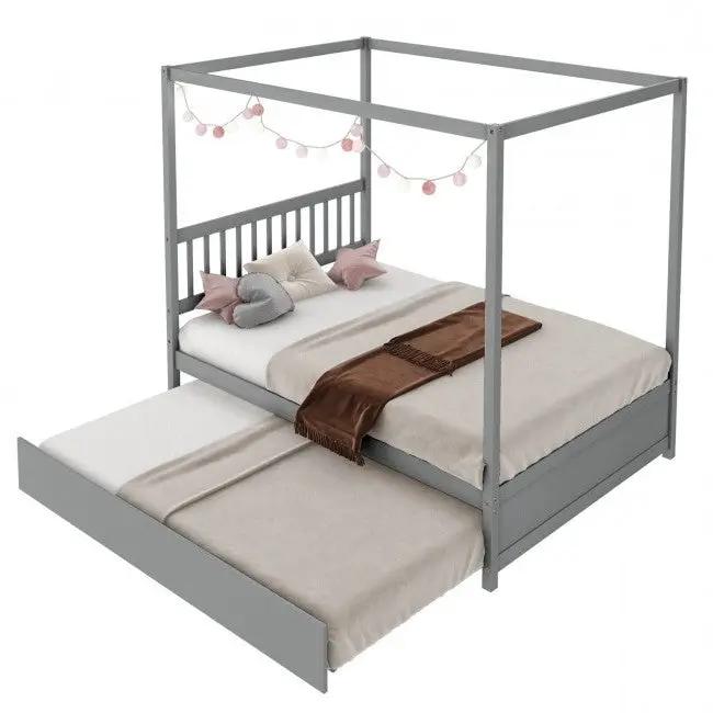 Gray Full Size Canopy Platform Bed with Twin Roller Trundle Bed by HomePacific