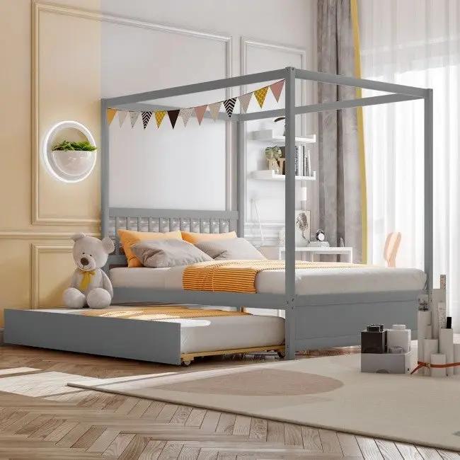 Gray Full Size Canopy Platform Bed with Twin Roller Trundle Bed by HomePacific