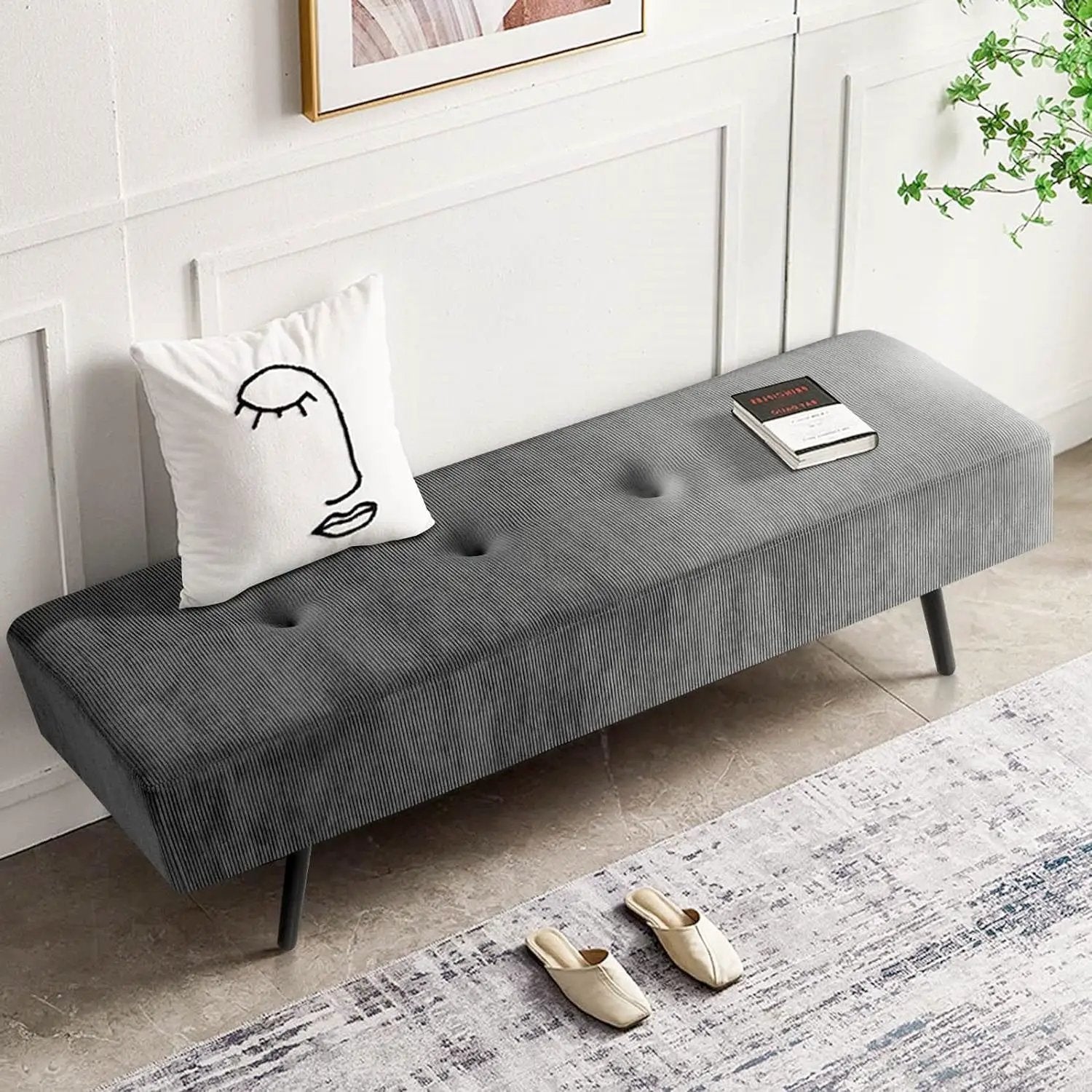 Mid-Century Grey Corduroy Upholstered End of Bed Bench with Black Metal Legs by HomePacific