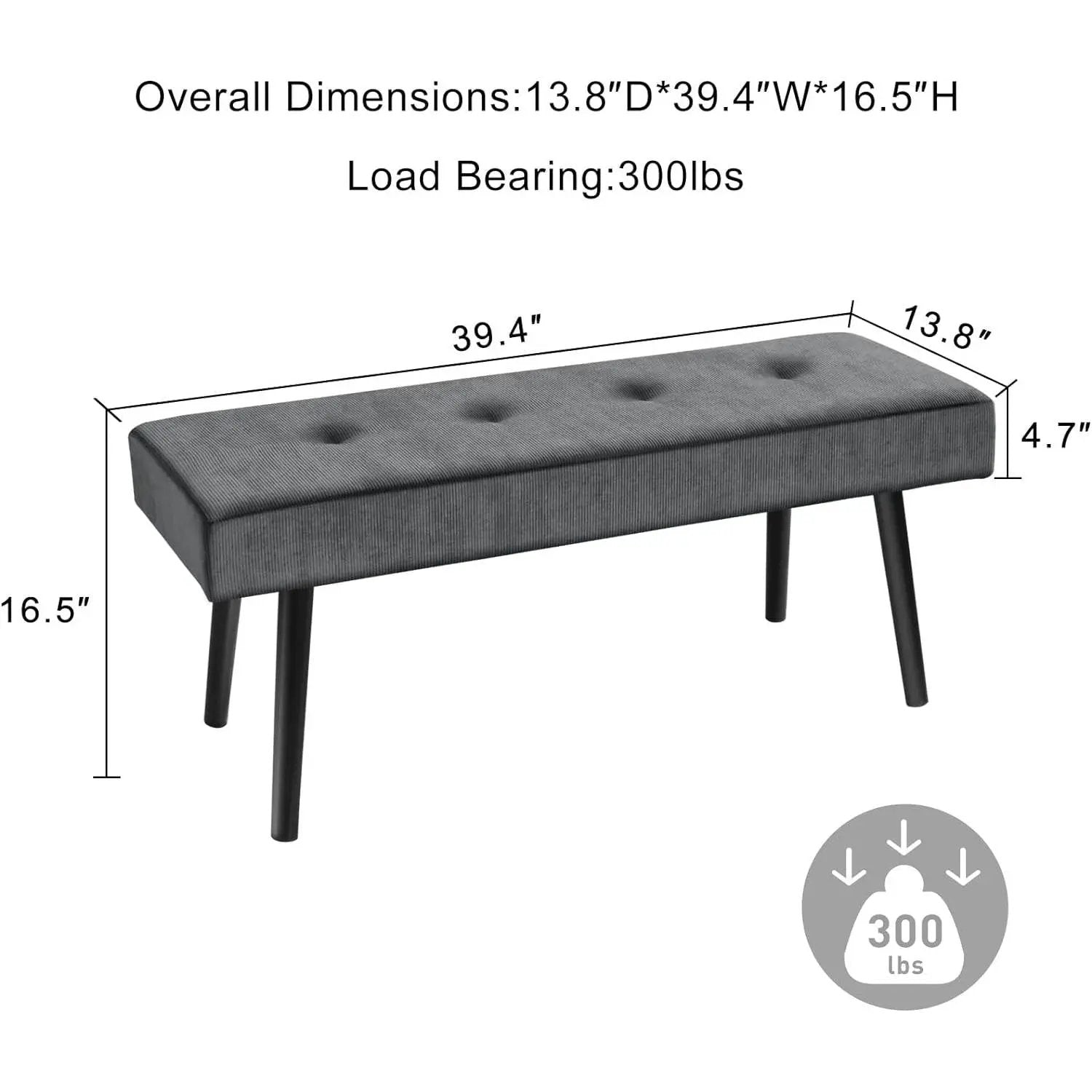 Mid-Century Grey Corduroy Upholstered End of Bed Bench with Black Metal Legs by HomePacific