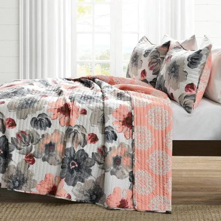 King size Coral Grey Flowers Lightweight Polyester Microfiber Quilt Set by HomePacific