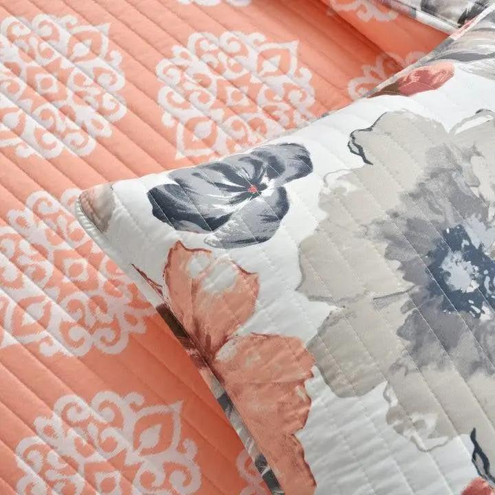 King size Coral Grey Flowers Lightweight Polyester Microfiber Quilt Set by HomePacific