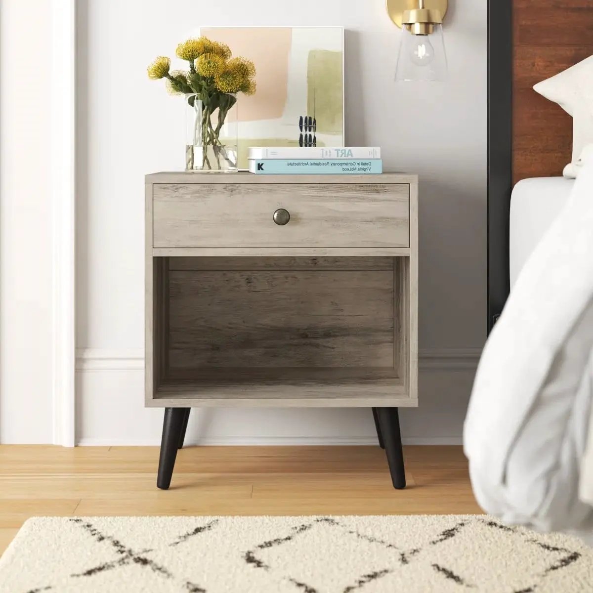Mid-Century Modern 1-Drawer Nightstand Bedroom End Table in Grey Wood Finish by HomePacific