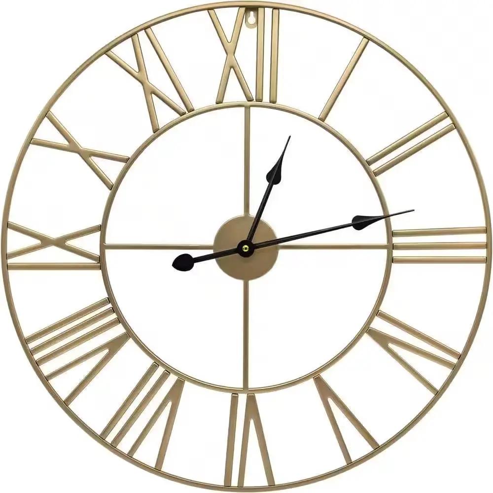 Round 24-inch Decorative Gold Metal Wall Clock Roman Numerals and Black Hands by HomePacific