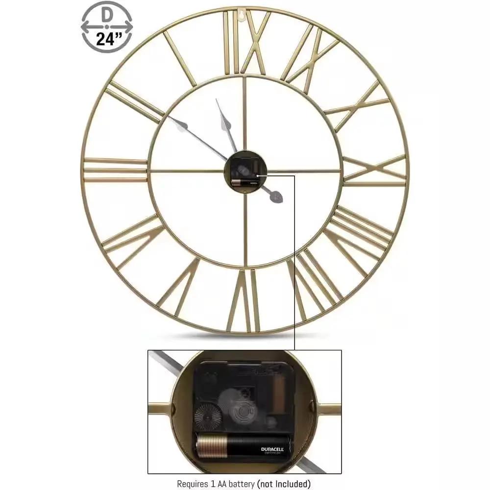 Round 24-inch Decorative Gold Metal Wall Clock Roman Numerals and Black Hands by HomePacific