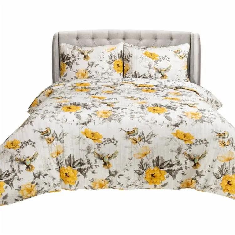 Full/Queen 3 Piece White Yellow Grey Reversible Floral Birds Cotton Quilt Set by HomePacific