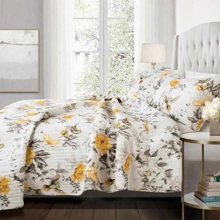 Full/Queen 3 Piece White Yellow Grey Reversible Floral Birds Cotton Quilt Set by HomePacific