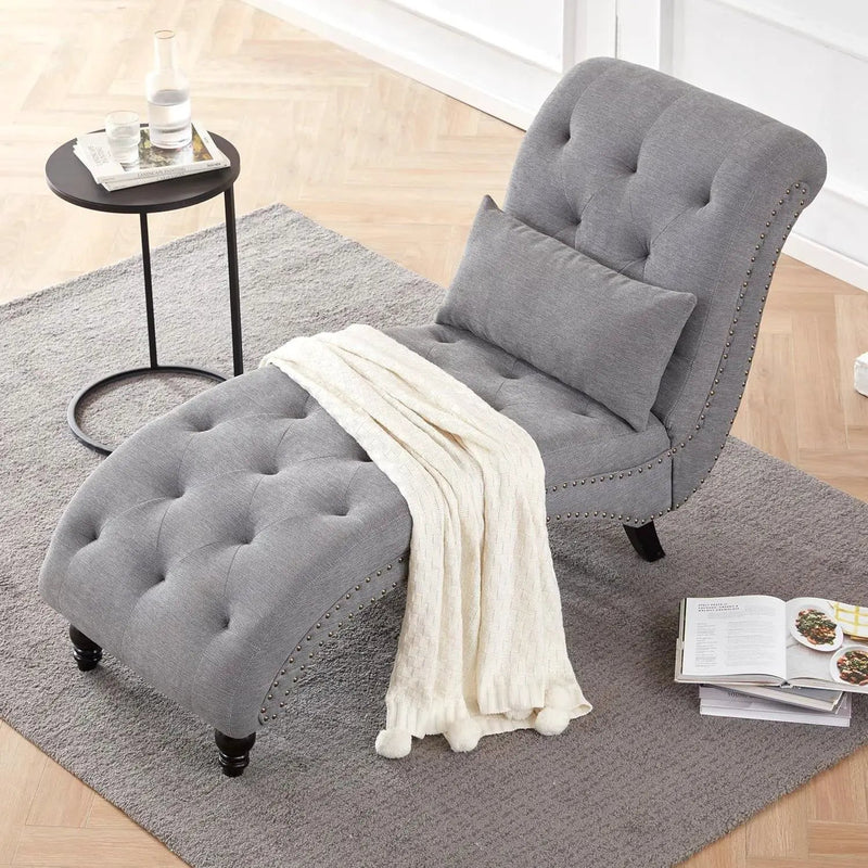 Grey Linen Upholstered Armless Chaise Lounge Chair with Pillow by HomePacific