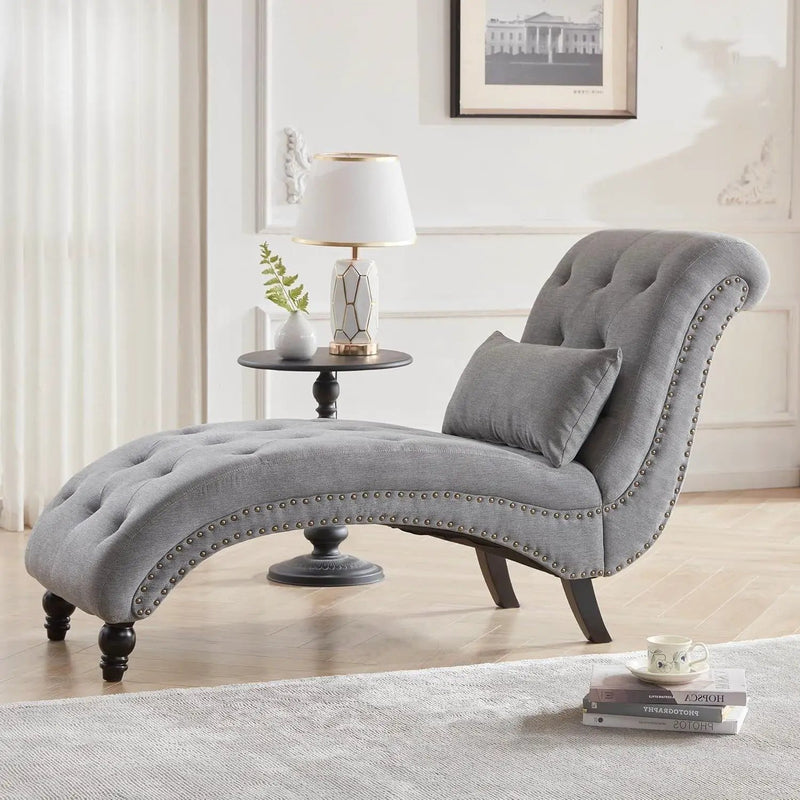 Grey Linen Upholstered Armless Chaise Lounge Chair with Pillow by HomePacific