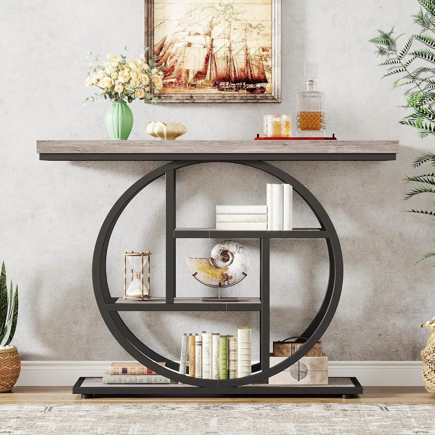 Modern 41-inch Wide Narrow Entryway Console Table with Grey Wood Finish Shelves by HomePacific