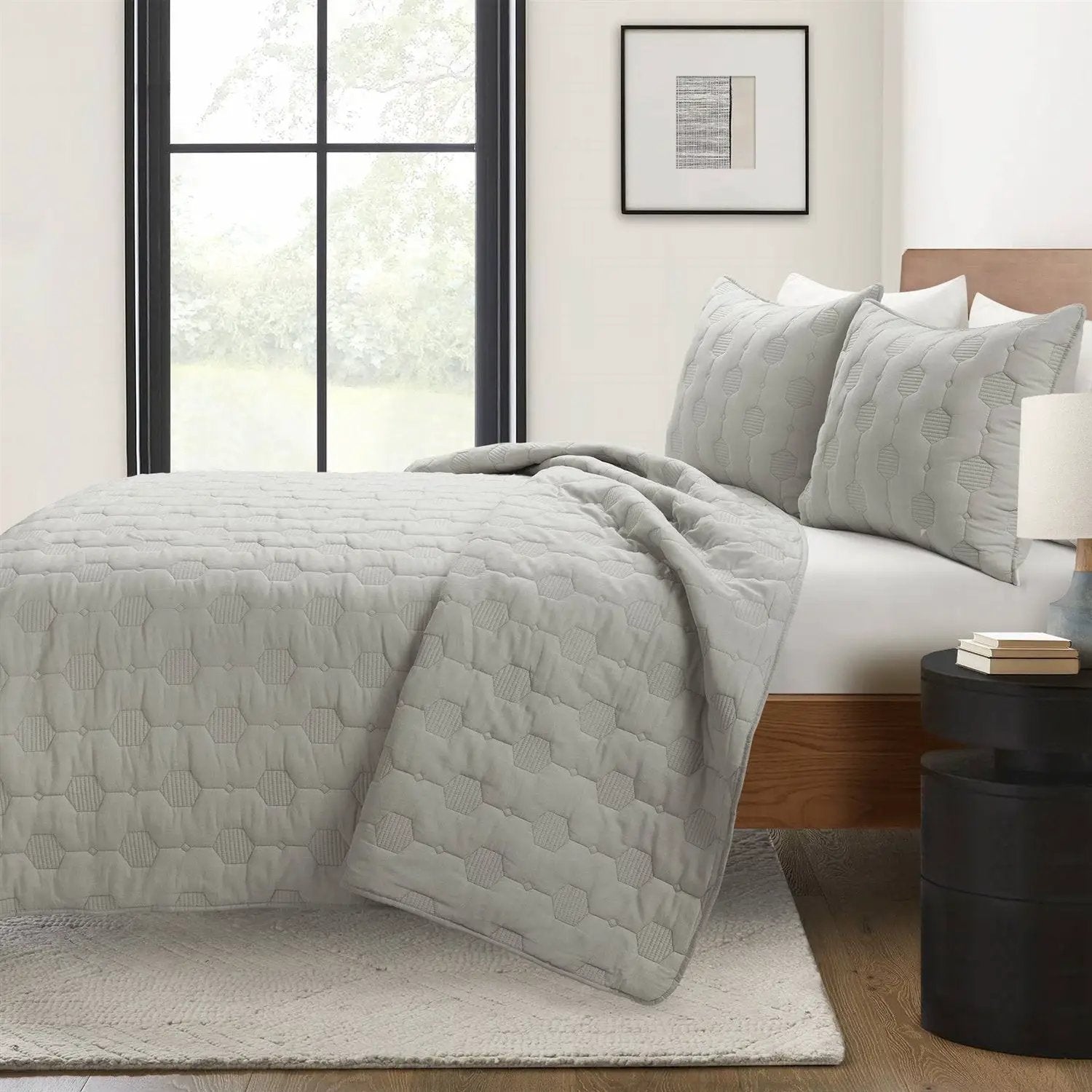 Full/Queen Hexagonal Pattern Lightweight Grey Textured Cotton 3 Piece Quilt Set by HomePacific