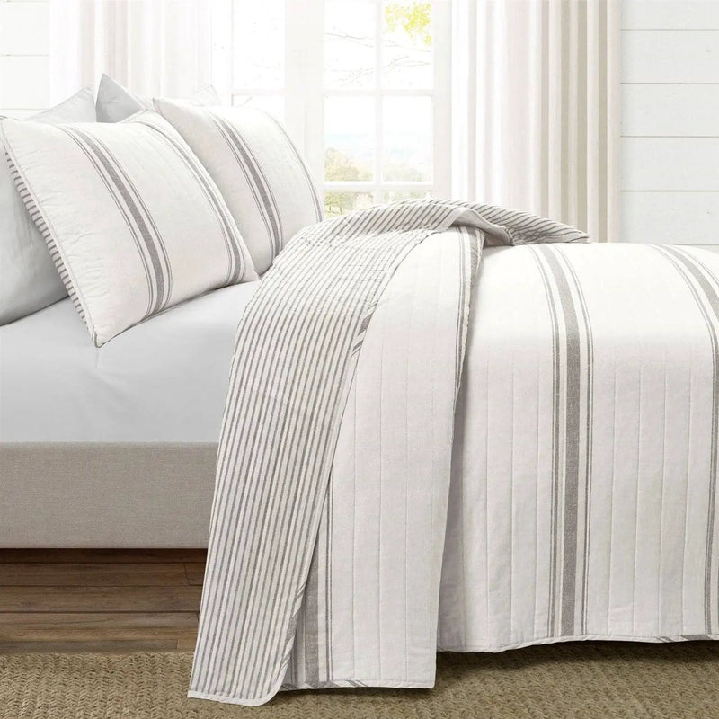Full / Queen Grey Off-White 3 Piece Stripe Reversible Cotton Quilt Set by HomePacific