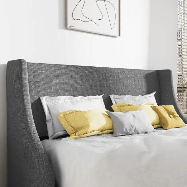 Full Size Grey Linen Blend Upholstered Platform Bed with Wingback Headboard by HomePacific
