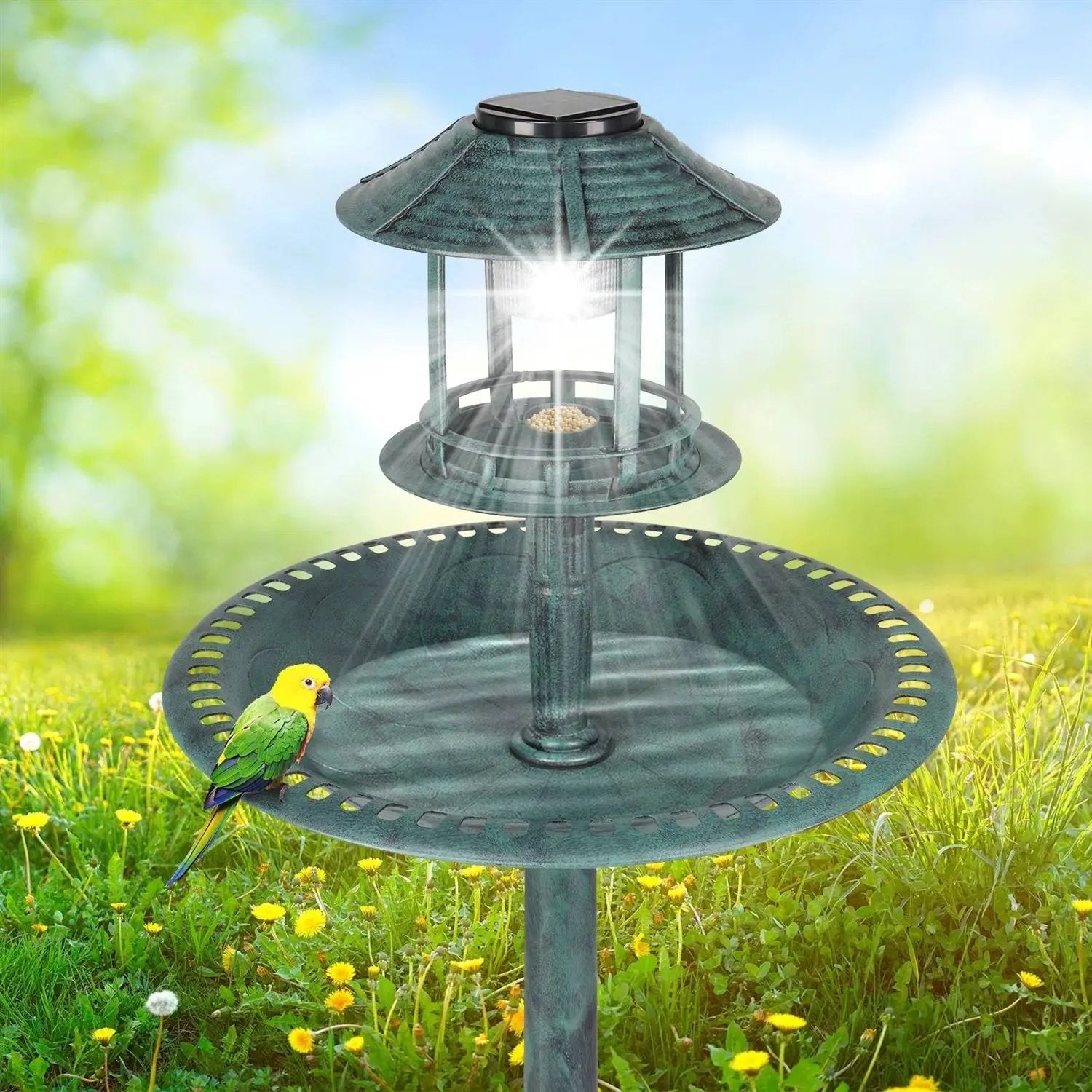 Outdoor Garden Birdbath in Green Copper Patina Finish with Solar Light by HomePacific