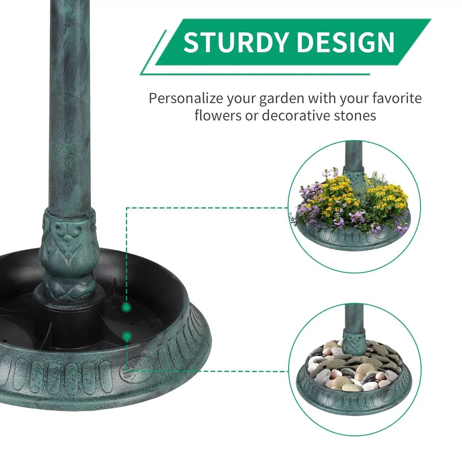 Outdoor Garden Birdbath in Green Copper Patina Finish with Solar Light by HomePacific