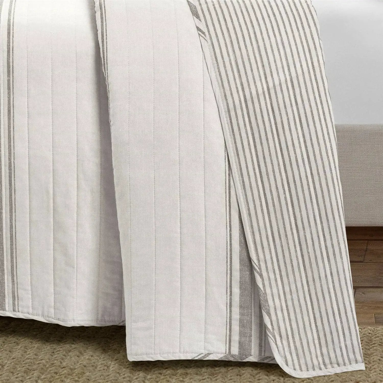 King Size Grey White 3 Piece Stripe Reversible Cotton Quilt Set by HomePacific