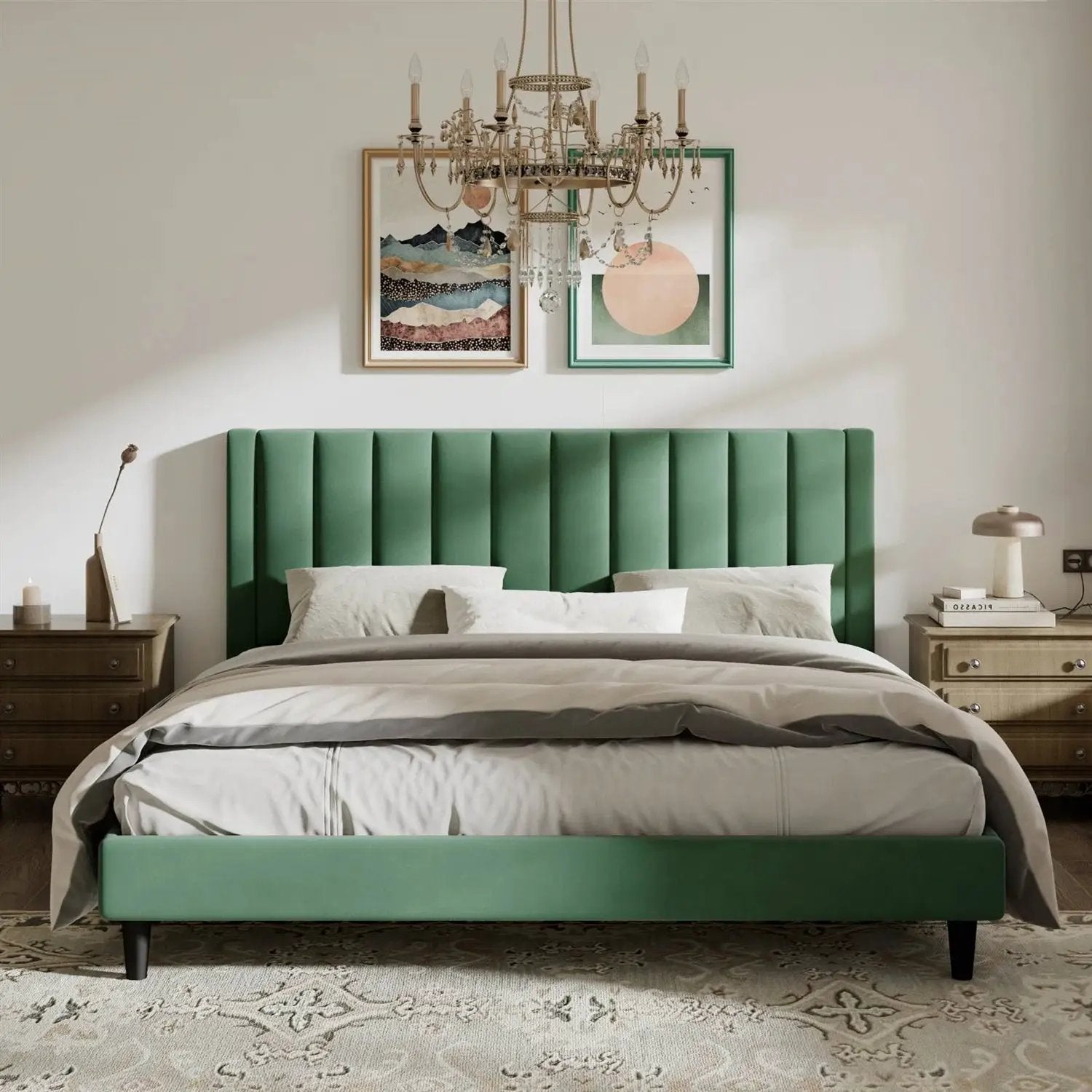 King size Modern Green Velvet Upholstered Platform Bed with Headboard by HomePacific