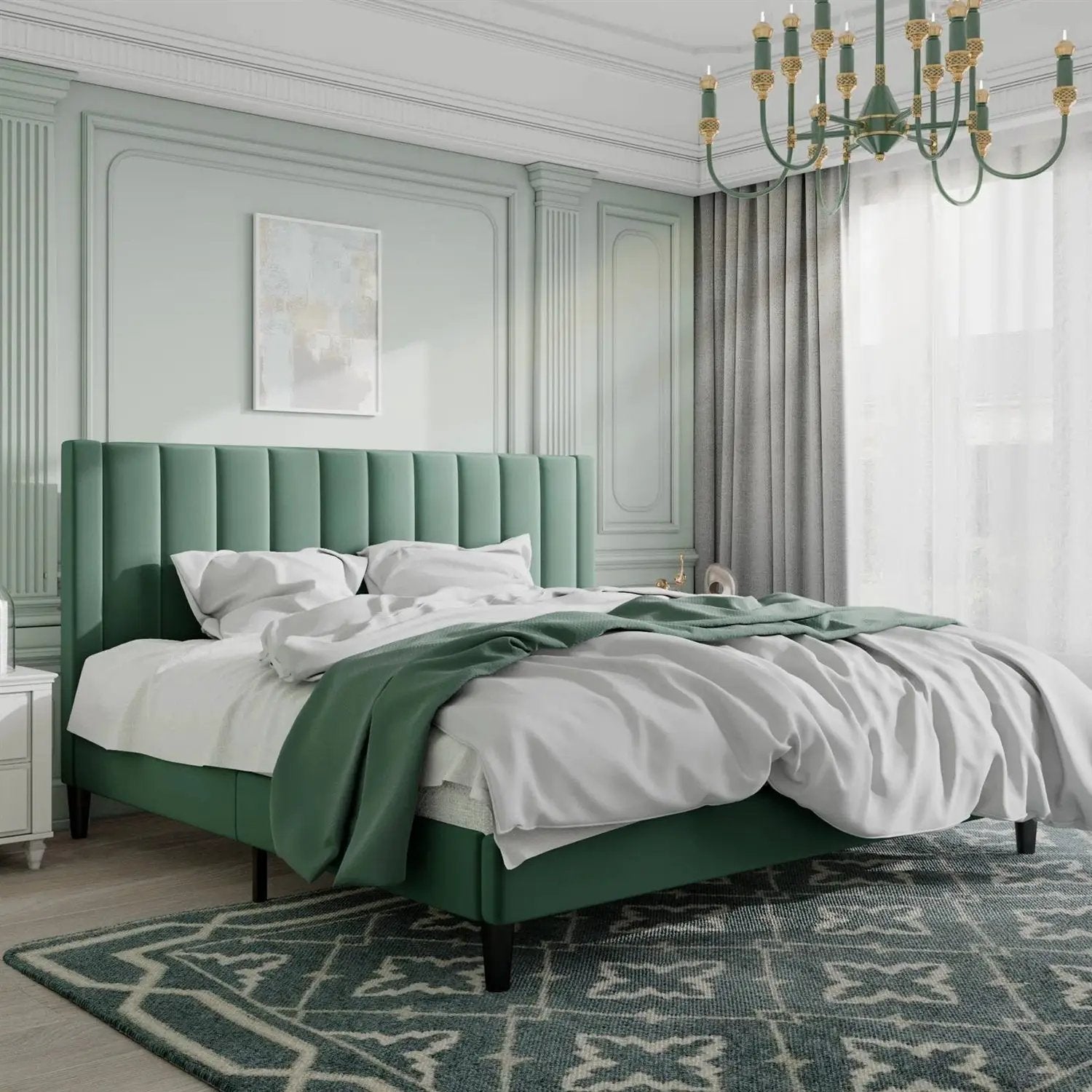 King size Modern Green Velvet Upholstered Platform Bed with Headboard by HomePacific