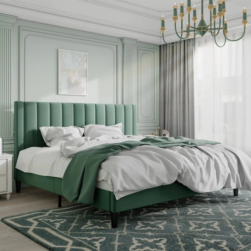 King size Modern Green Velvet Upholstered Platform Bed with Headboard by HomePacific
