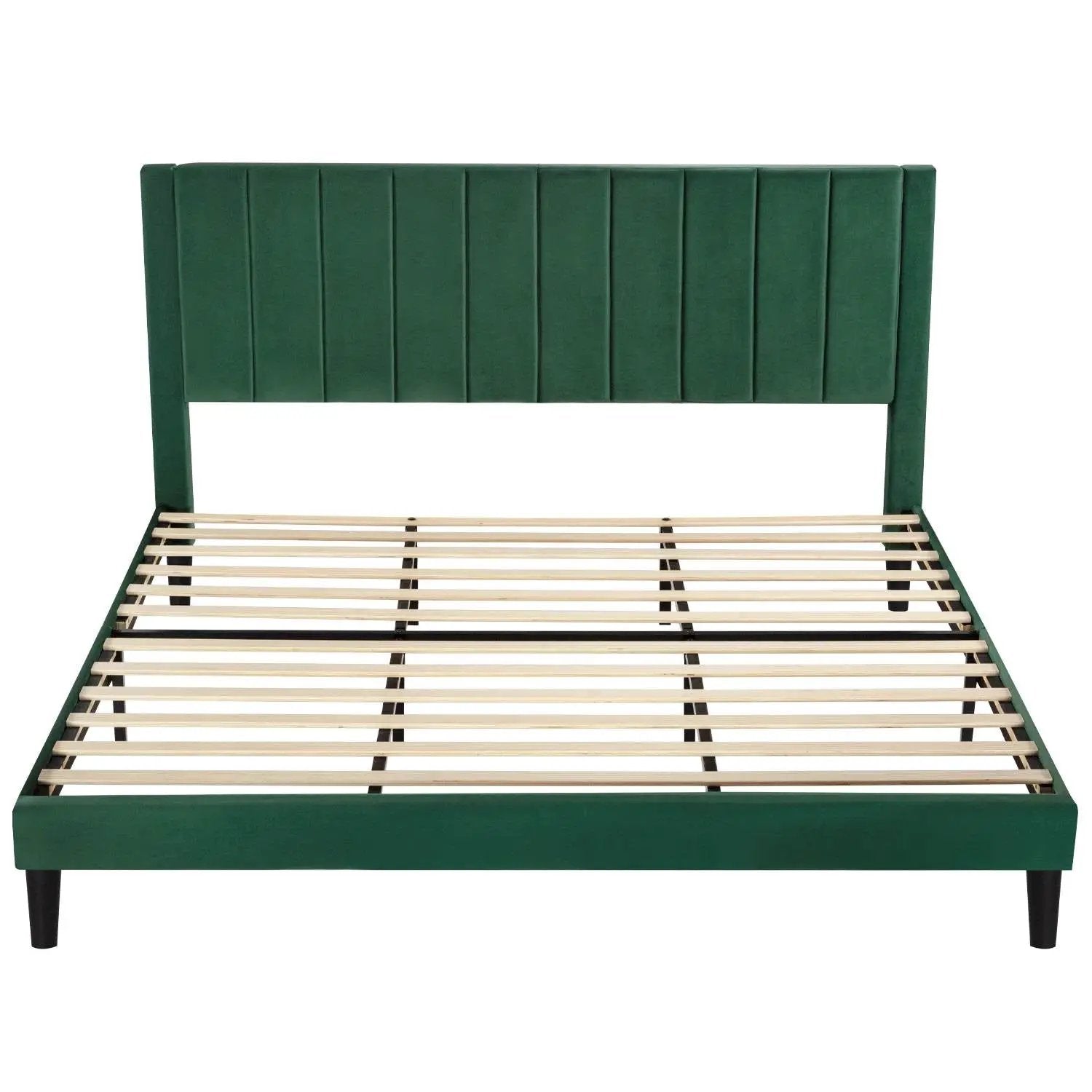 King size Modern Green Velvet Upholstered Platform Bed with Headboard by HomePacific