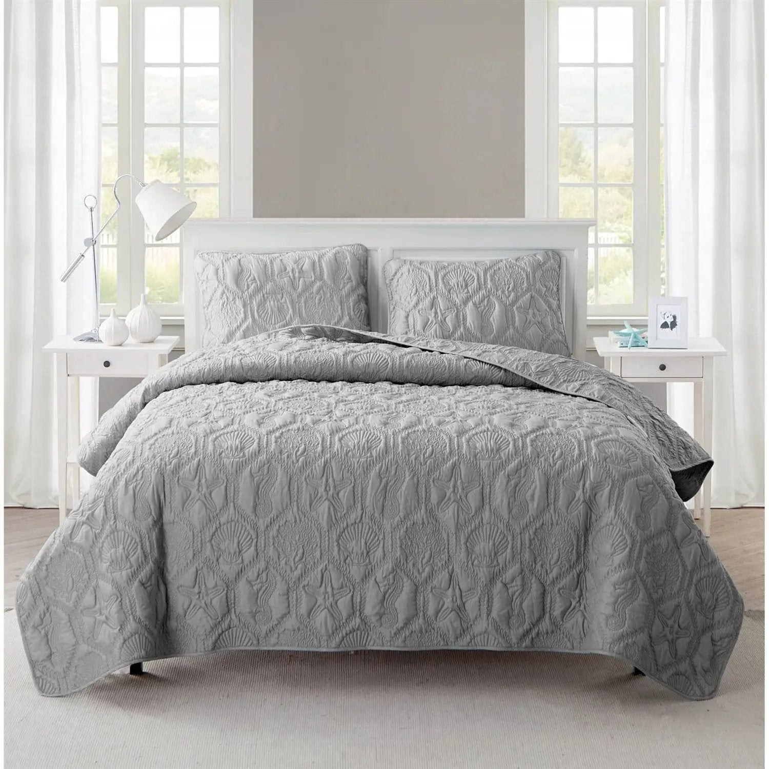 King Coastal Beach Embossed Starfish Seashell Seahorse Grey 3-Piece Quilt Set by HomePacific