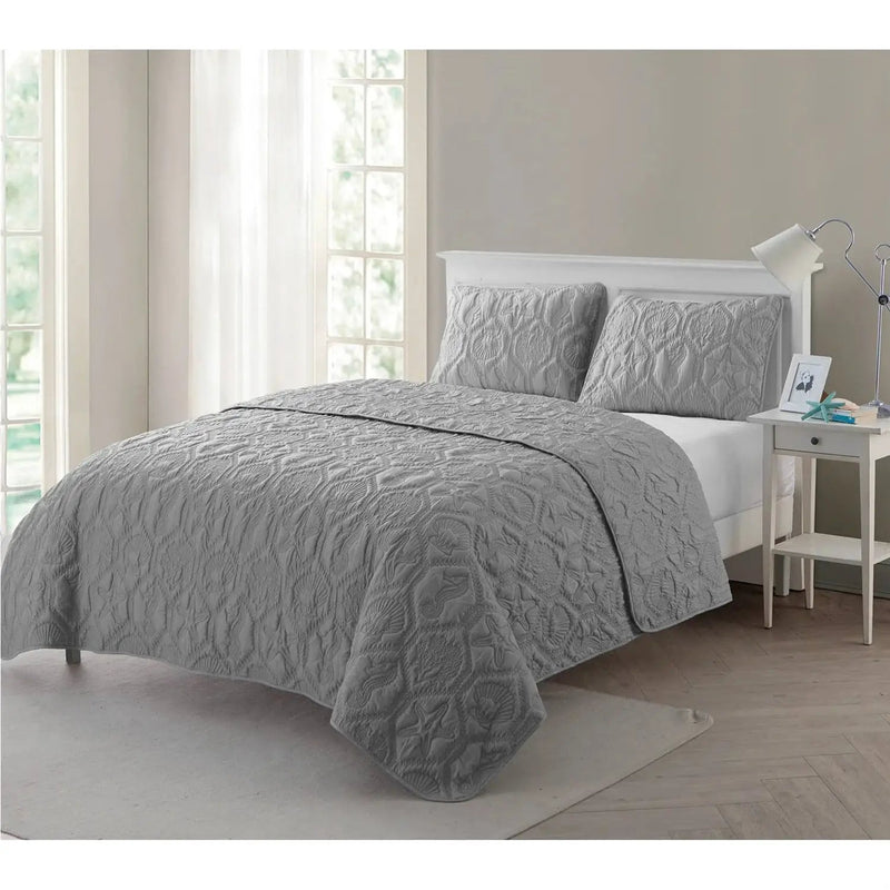 King Coastal Beach Embossed Starfish Seashell Seahorse Grey 3-Piece Quilt Set by HomePacific