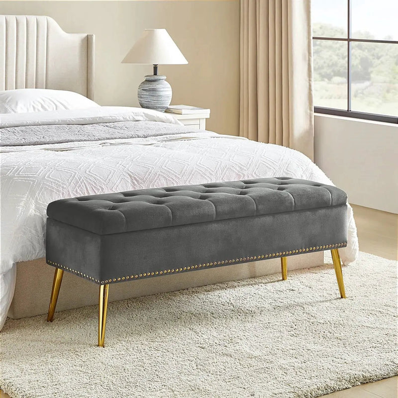 Mid-Century Modern End of Bed Storage Bench with Gray Velvet Seat and Gold Legs by HomePacific