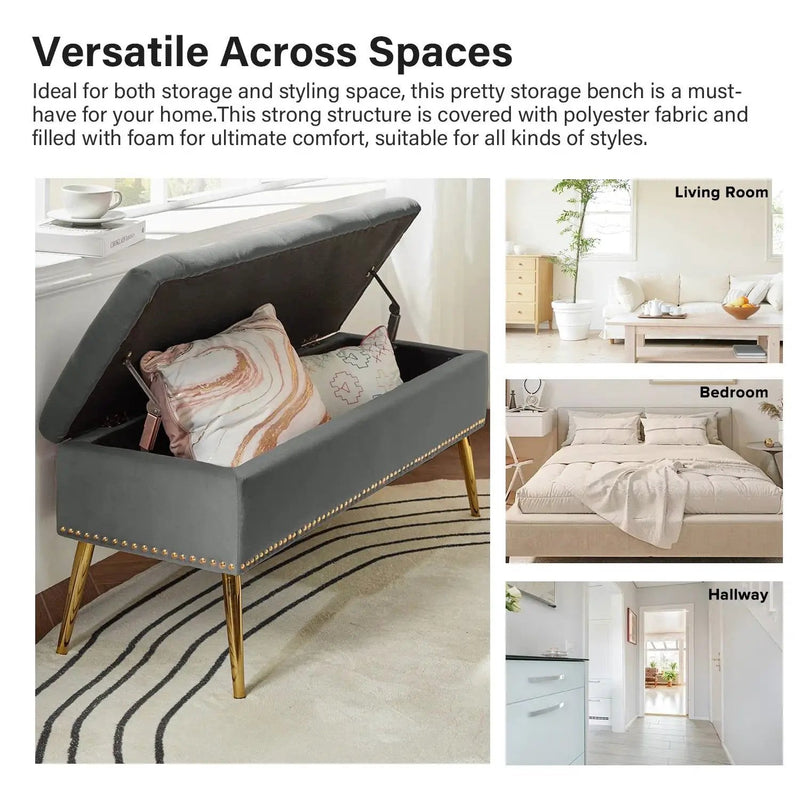 Mid-Century Modern End of Bed Storage Bench with Gray Velvet Seat and Gold Legs by HomePacific