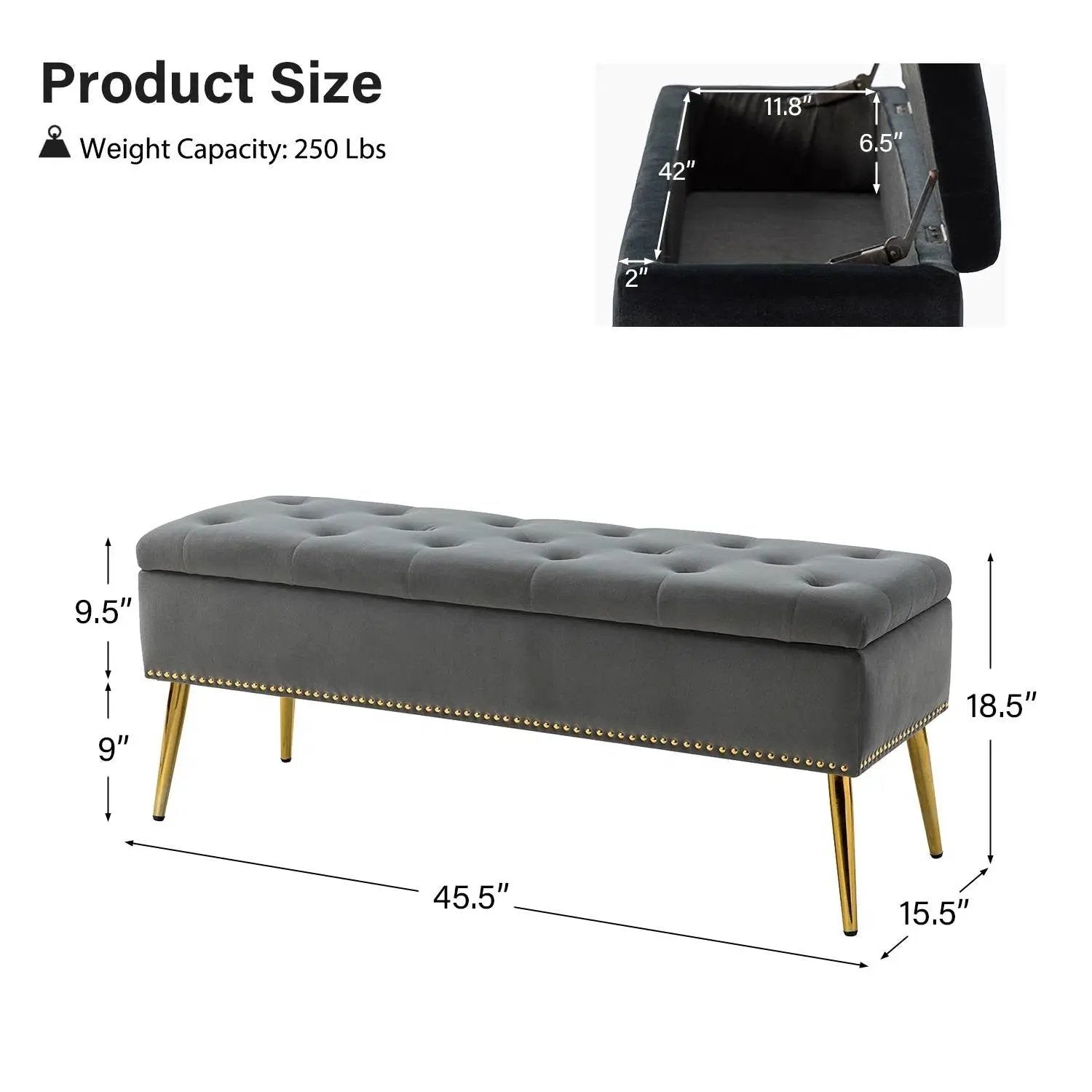 Mid-Century Modern End of Bed Storage Bench with Gray Velvet Seat and Gold Legs by HomePacific
