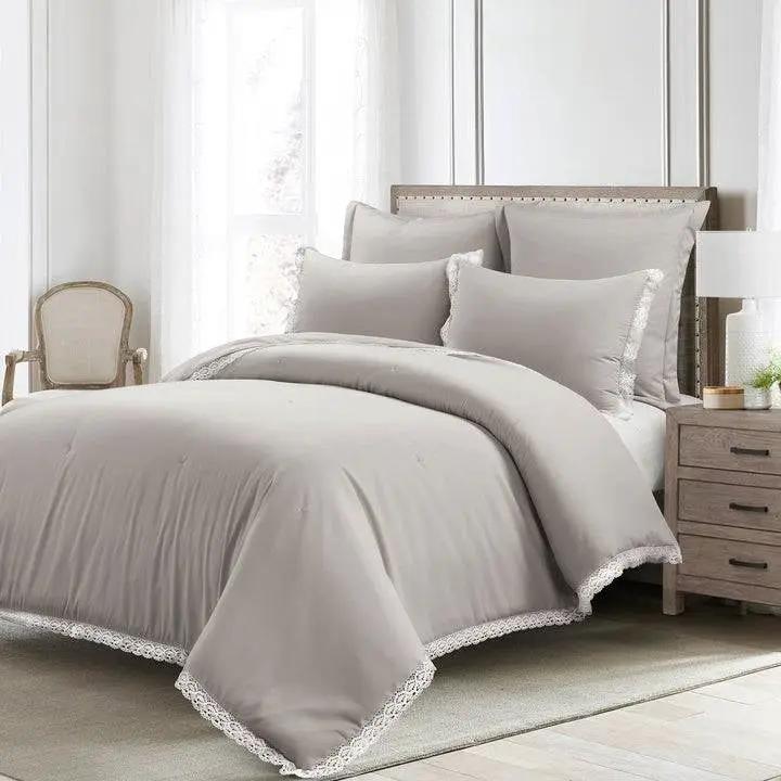 King French Country Grey 5-Piece Lightweight Comforter Set with Lace Trim by HomePacific