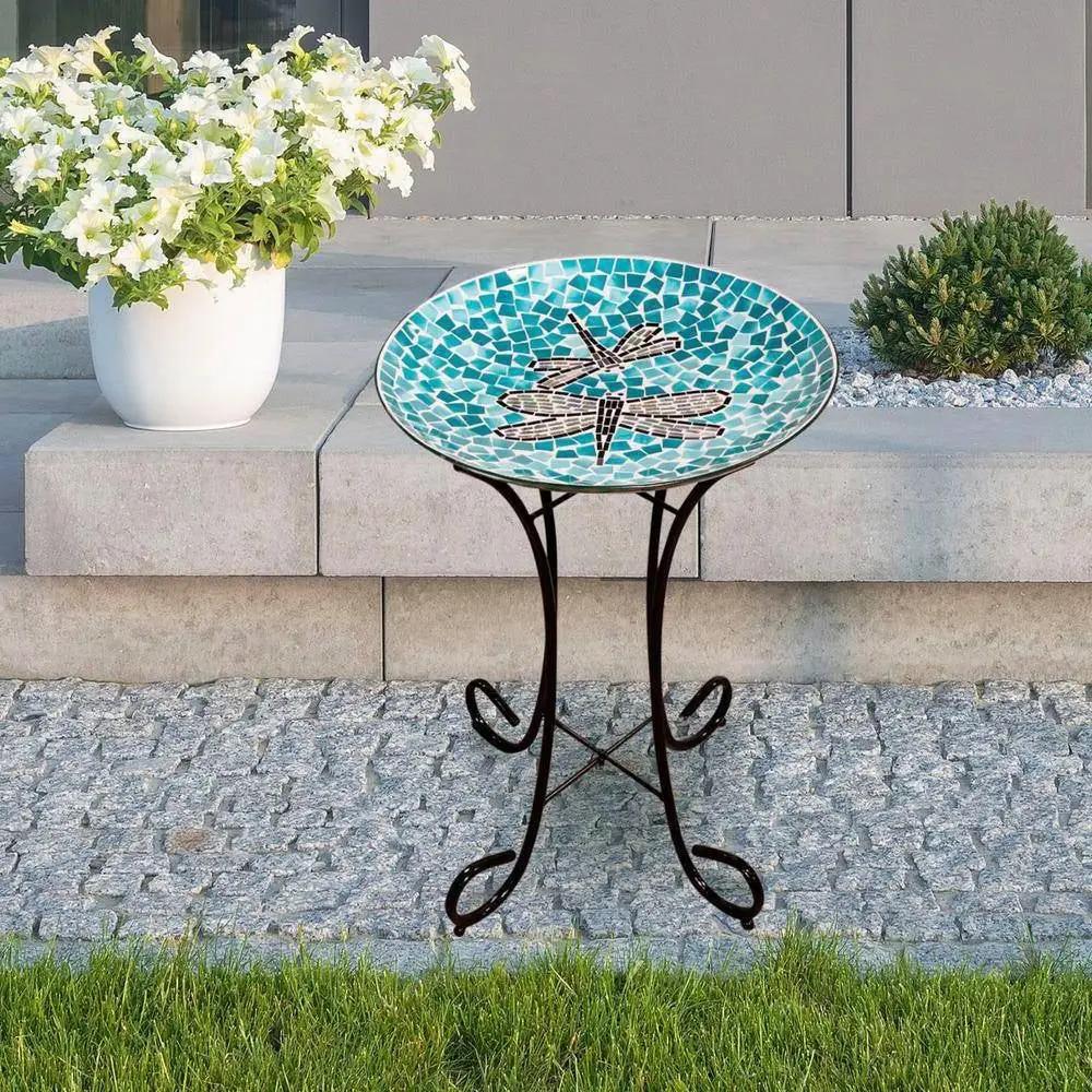 Teal Green Blue White Mosaic Glass Birdbath Bowl with Black Metal Stand by HomePacific
