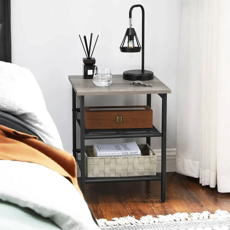 Modern Industrial Side Table Nightstand in Black Metal with Grey Beige Wood Top by HomePacific