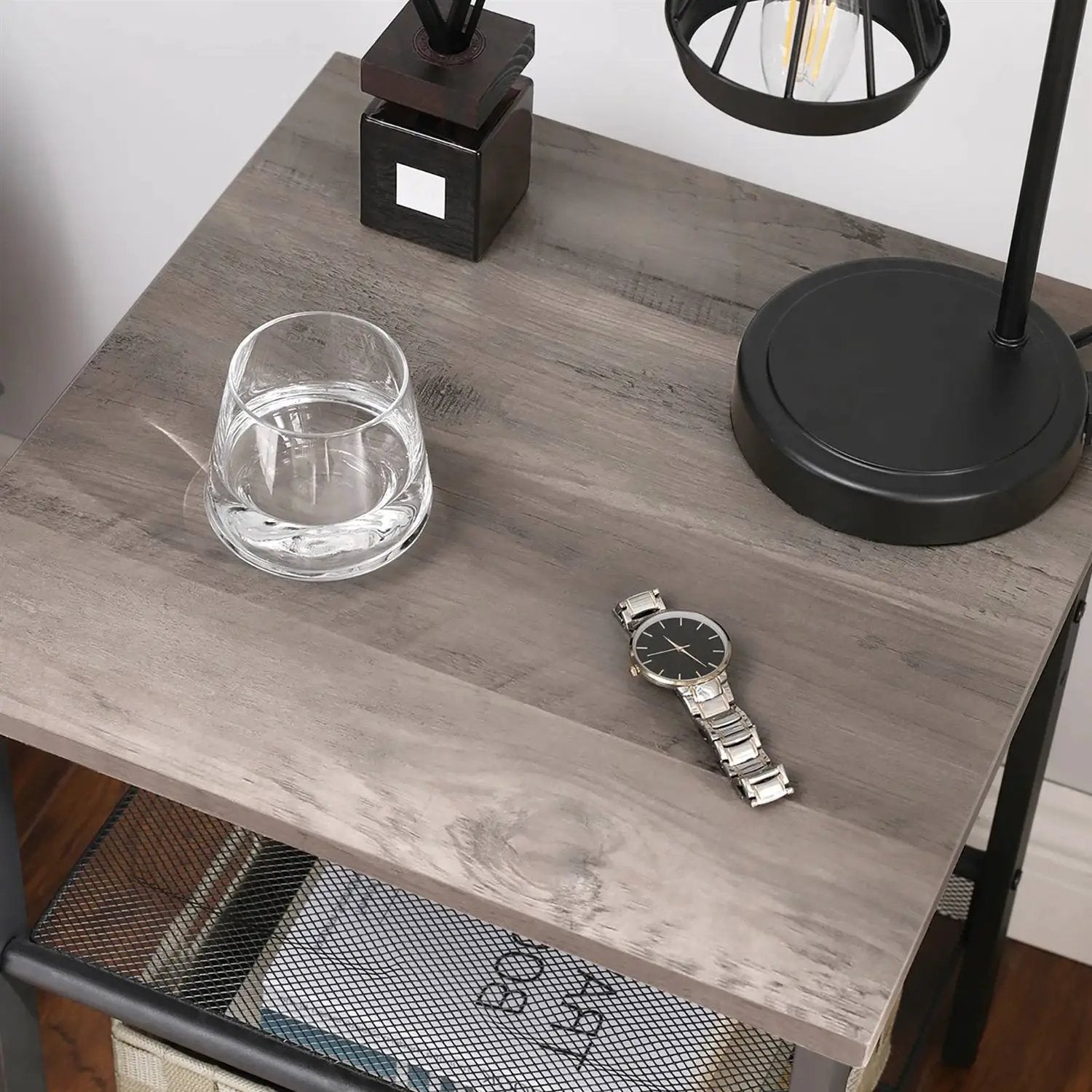 Modern Industrial Side Table Nightstand in Black Metal with Grey Beige Wood Top by HomePacific