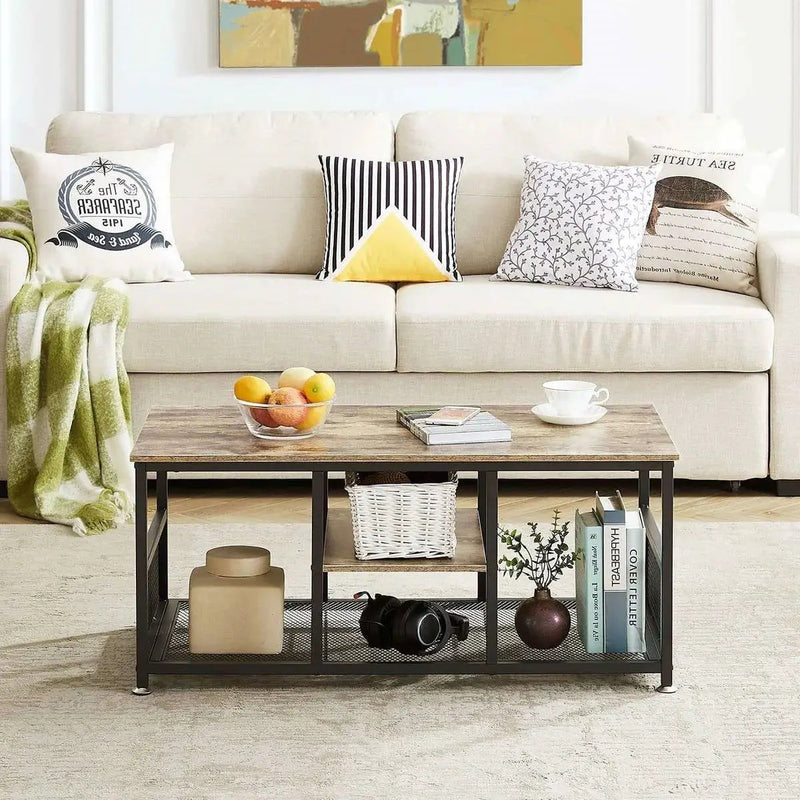 Modern Industrial Metal Grey Wood Coffee Table with Bottom Storage Shelves by HomePacific