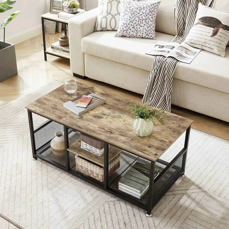 Modern Industrial Metal Grey Wood Coffee Table with Bottom Storage Shelves by HomePacific