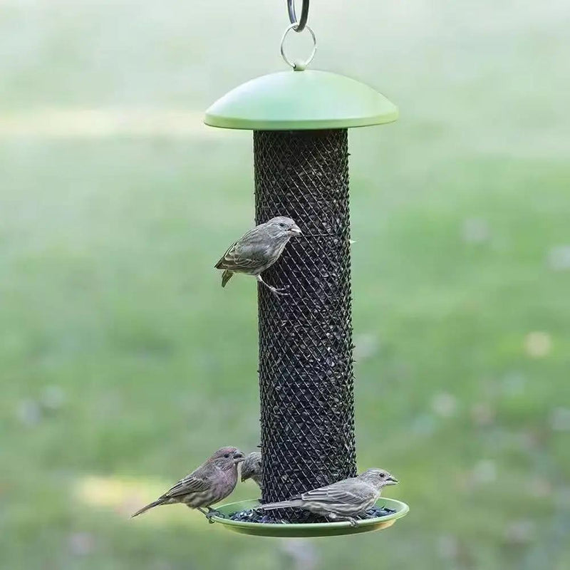 Outdoor Metal Mesh Tube Hanging Bird Feeder with Green Top and Perch by HomePacific