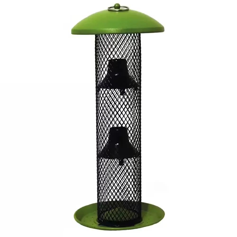 Outdoor Metal Mesh Tube Hanging Bird Feeder with Green Top and Perch by HomePacific