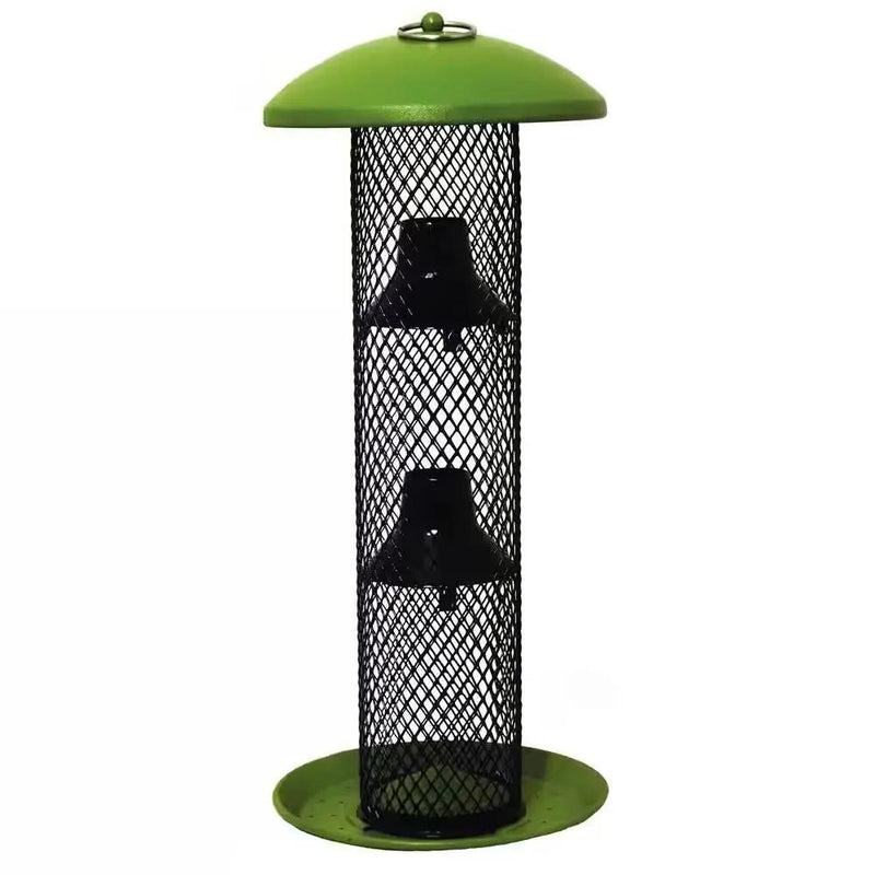 Outdoor Metal Mesh Tube Hanging Bird Feeder with Green Top and Perch by HomePacific