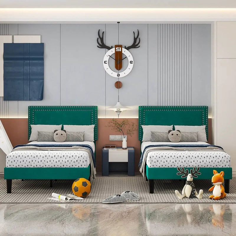 Set of 2 - Twin size Dark Green Upholstered Platform Bed Frame with Headboard by HomePacific